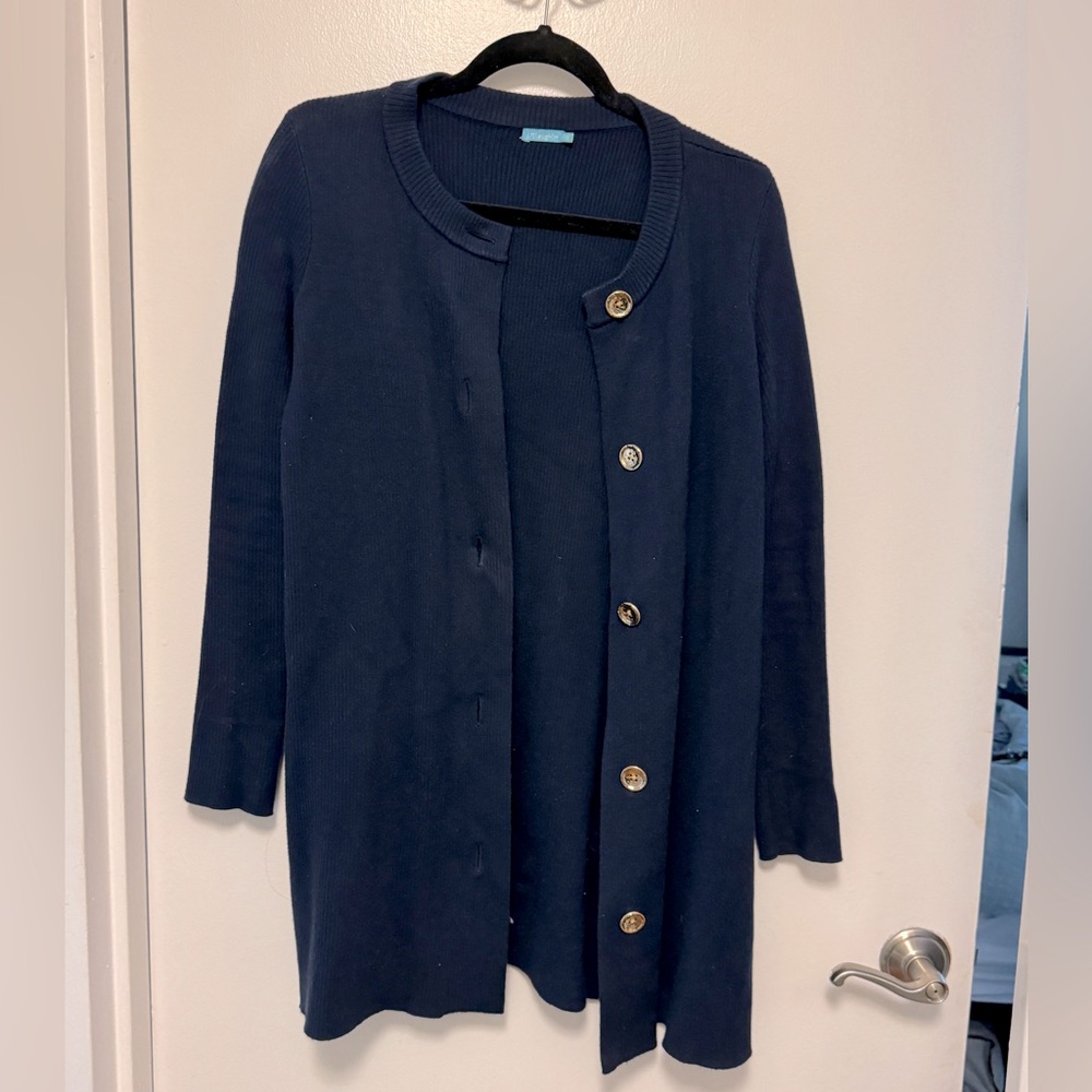 Navy long cardigan with gold button J McLaughlin
